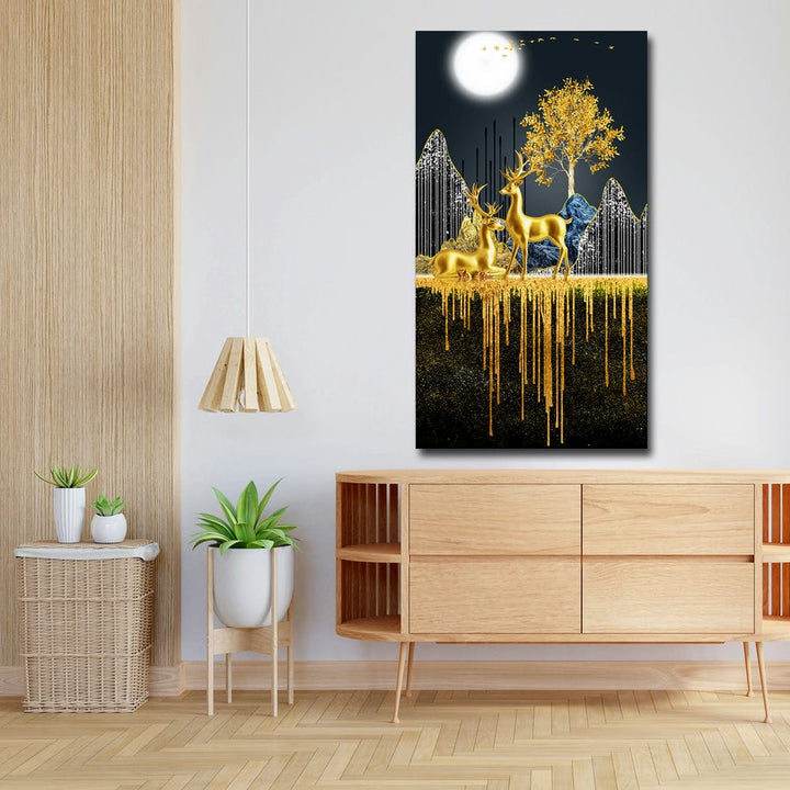 20x36 Canvas Painting - 3D Golden Deer and Tree Portrait