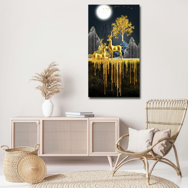 20x36 Canvas Painting - 3D Golden Deer and Tree Portrait