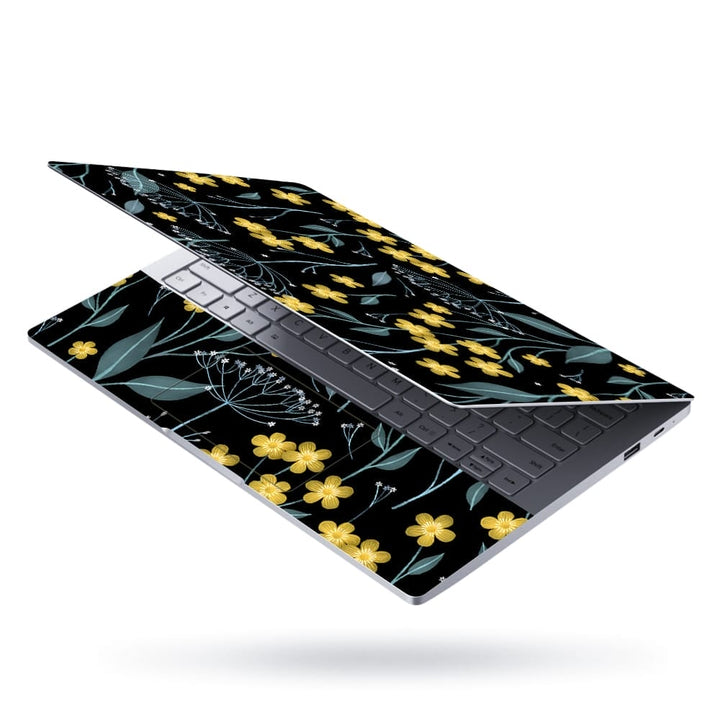 Laptop Skin - Yellow Grey Floral Leaves on Black