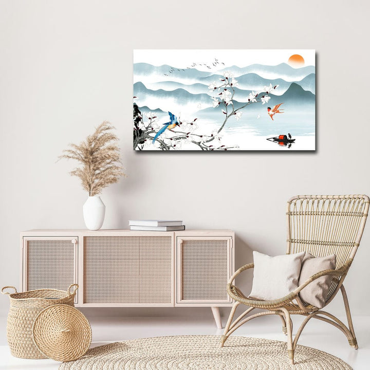 36x20 Canvas Painting - Red Boat Birds Flying