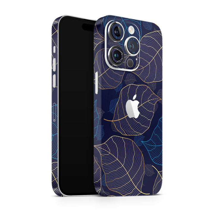 Apple iPhone Skin Wrap - Blue Golden Metal Leaves - SkinsLegend