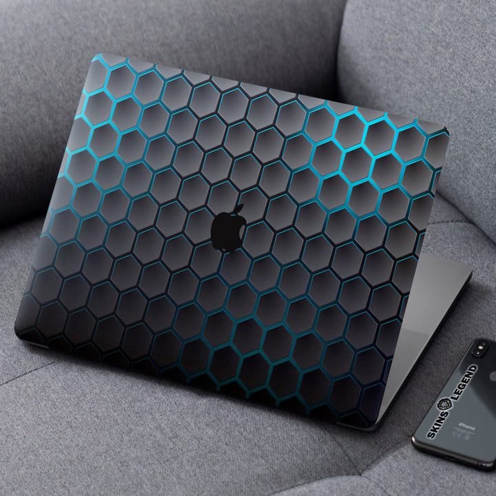 Laptop Skin for Apple MacBook - Black Cyan Honeycomb Design - SkinsLegend