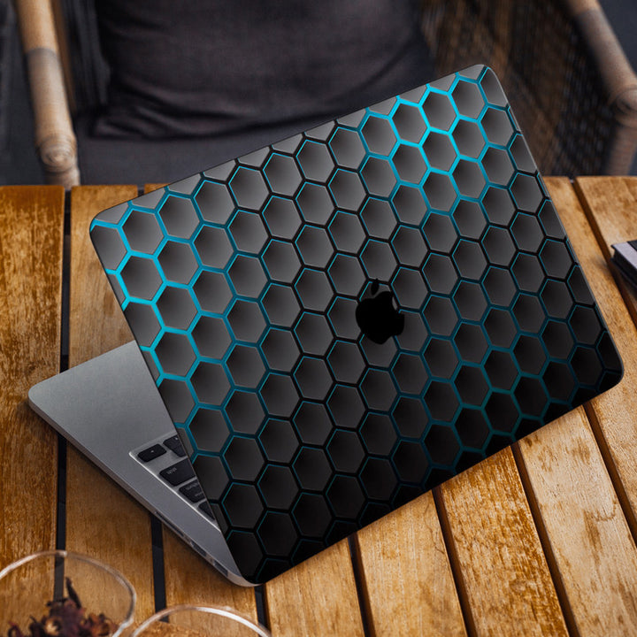 Laptop Skin for Apple MacBook - Black Cyan Honeycomb Design - SkinsLegend