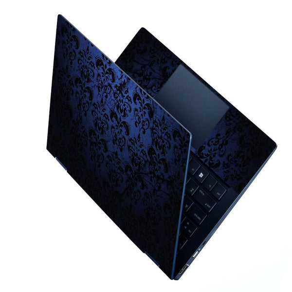 Full Panel Laptop Skin - Black Floral on Blue Leather