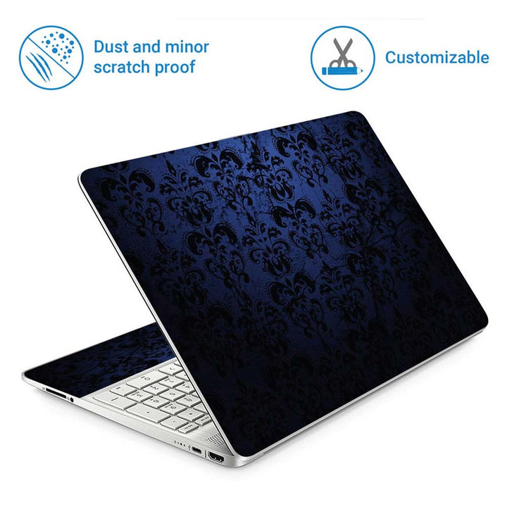 Full Panel Laptop Skin - Black Floral on Blue Leather