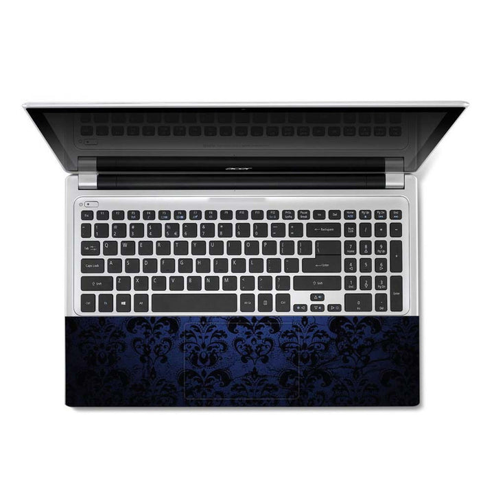 Full Panel Laptop Skin - Black Floral on Blue Leather