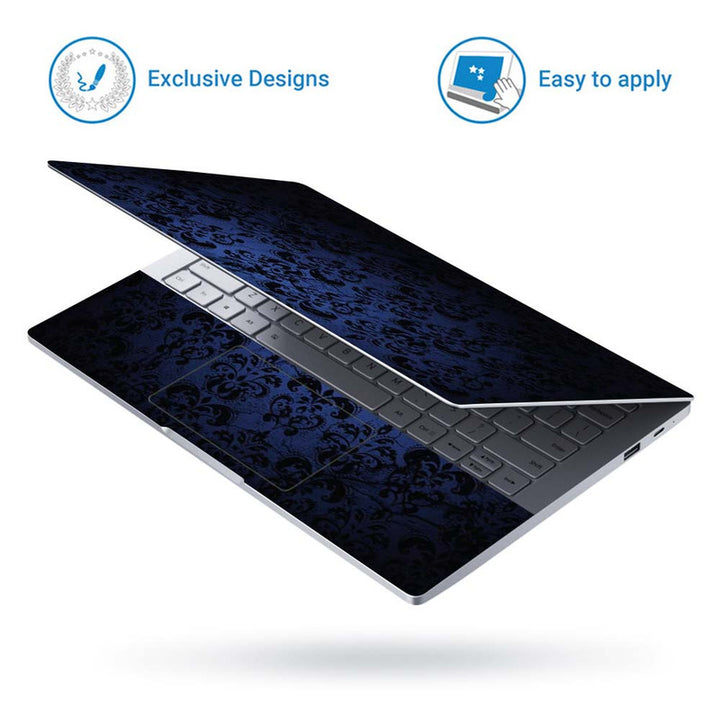 Full Panel Laptop Skin - Black Floral on Blue Leather