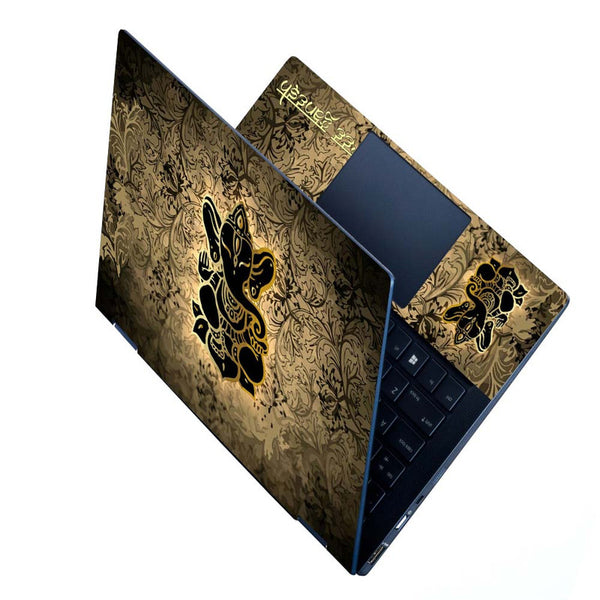 Full Panel Laptop Skin - Black Golden Ganesh on Brown Floral