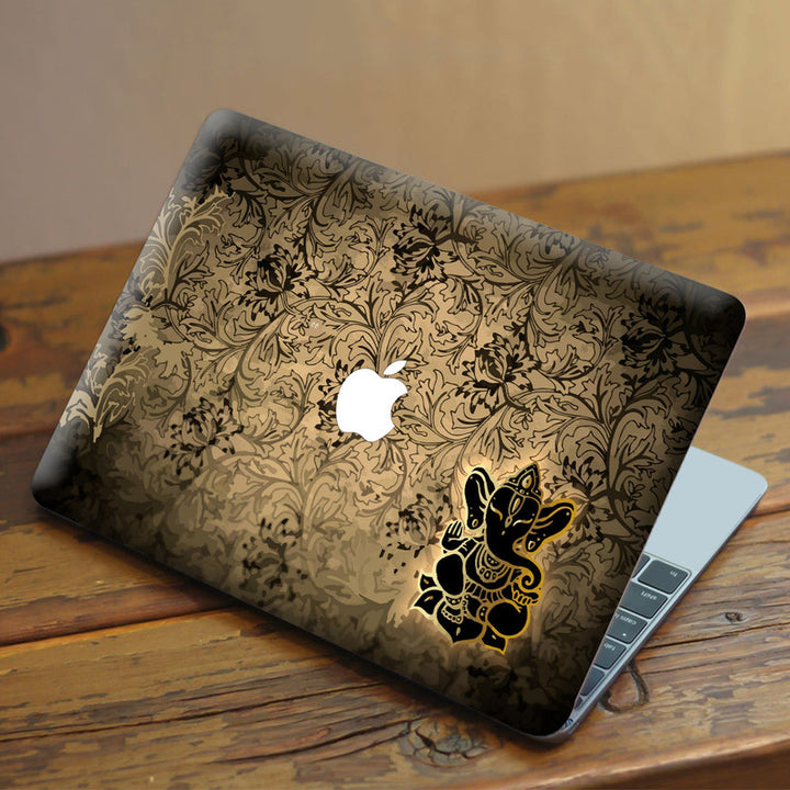 Laptop Skin for Apple MacBook - Black Golden Ganesh on Brown Floral - SkinsLegend