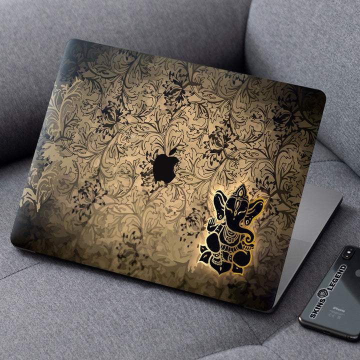 Laptop Skin for Apple MacBook - Black Golden Ganesh on Brown Floral - SkinsLegend