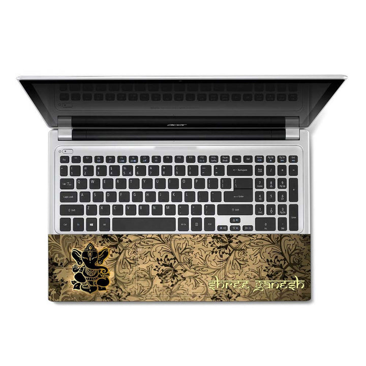 Full Panel Laptop Skin - Black Golden Ganesh on Brown Floral