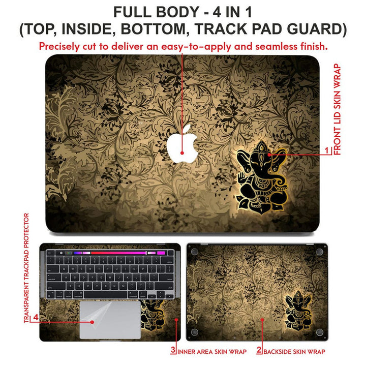 Laptop Skin for Apple MacBook - Black Golden Ganesh on Brown Floral - SkinsLegend