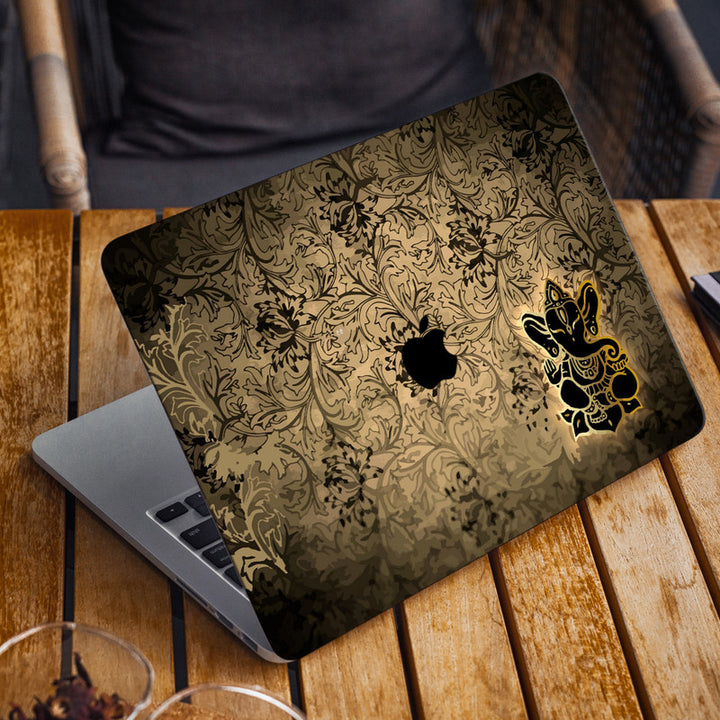 Laptop Skin for Apple MacBook - Black Golden Ganesh on Brown Floral - SkinsLegend