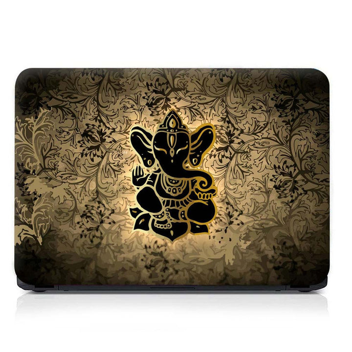 Full Panel Laptop Skin - Black Golden Ganesh on Brown Floral