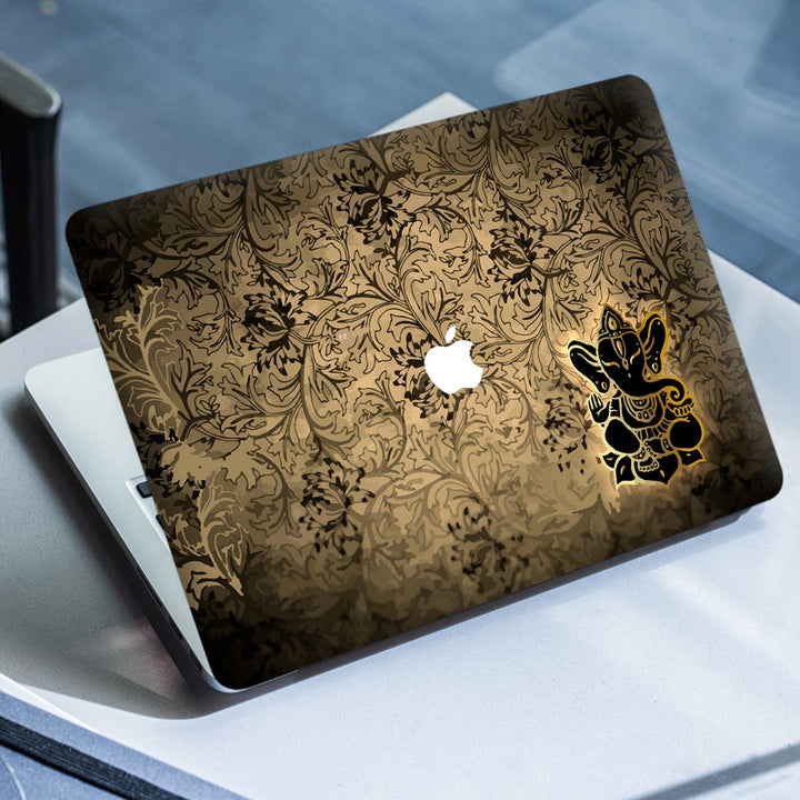 Laptop Skin for Apple MacBook - Black Golden Ganesh on Brown Floral - SkinsLegend