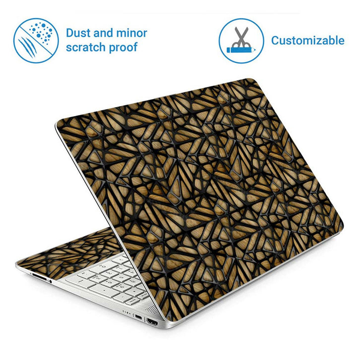 Full Panel Laptop Skin - Black Hard Net Design on Wooden