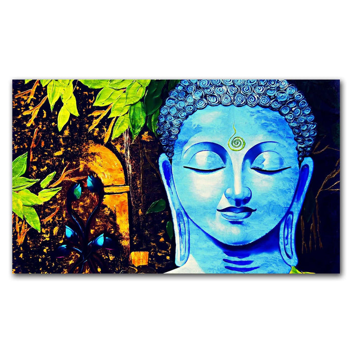 FineArts Rolled Canvas Painting - Blue Buddha Green Leaves Art