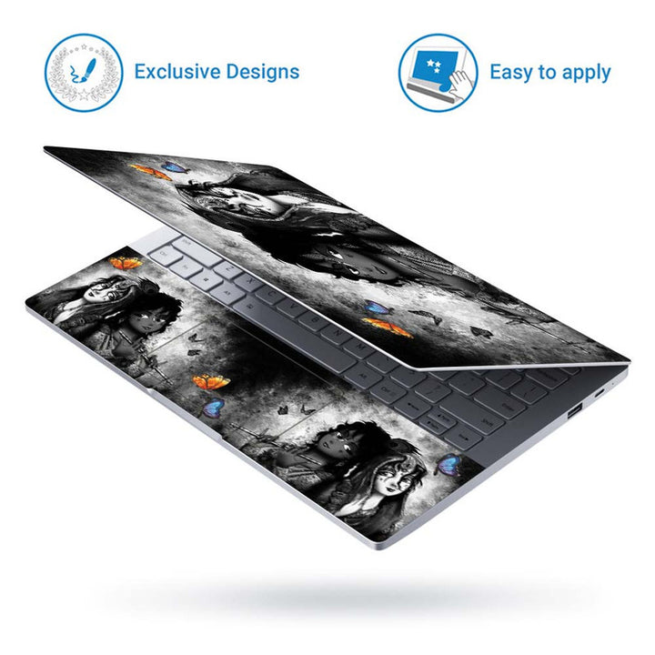 Full Panel Laptop Skin - Cute Radha Krishna Black Butterfly