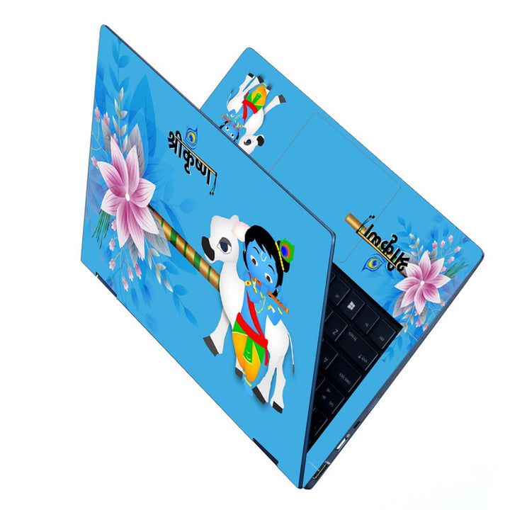 Laptop Skin - Krishna Blue White Cow