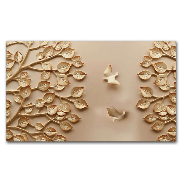 FineArts Rolled Canvas Painting - Golden Birds and Leaves Embossed