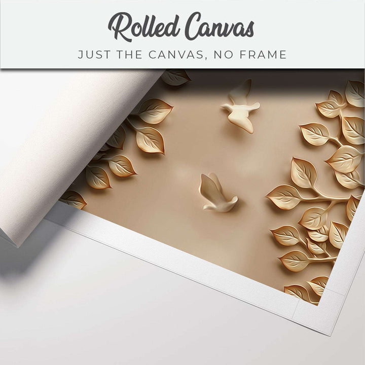 FineArts Rolled Canvas Painting - Golden Birds and Leaves Embossed