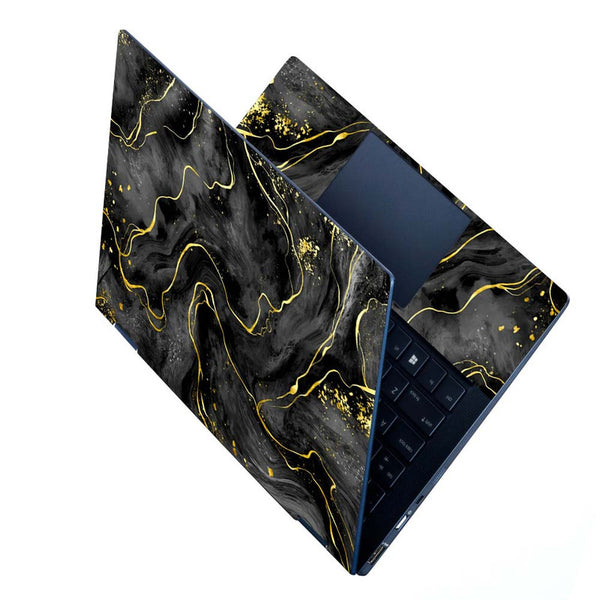 Full Panel Laptop Skin - Golden Effect on Black Marble