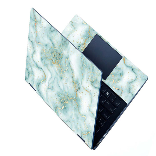 Full Panel Laptop Skin - Golden Effect on Green and White Marble