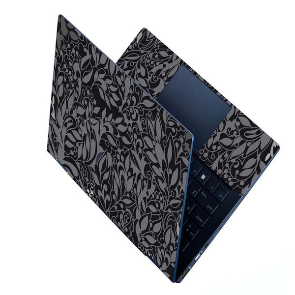 Full Panel Laptop Skin - Grey Leaves on Black