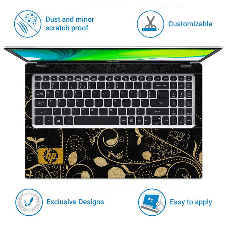 Laptop Skin - Golden Floral On Black Floral Hp