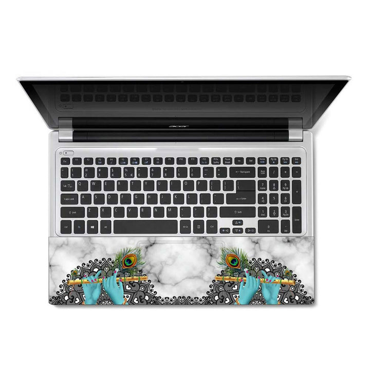 Full Panel Laptop Skin - Lord Krishna Hands on Grey Marble Effect