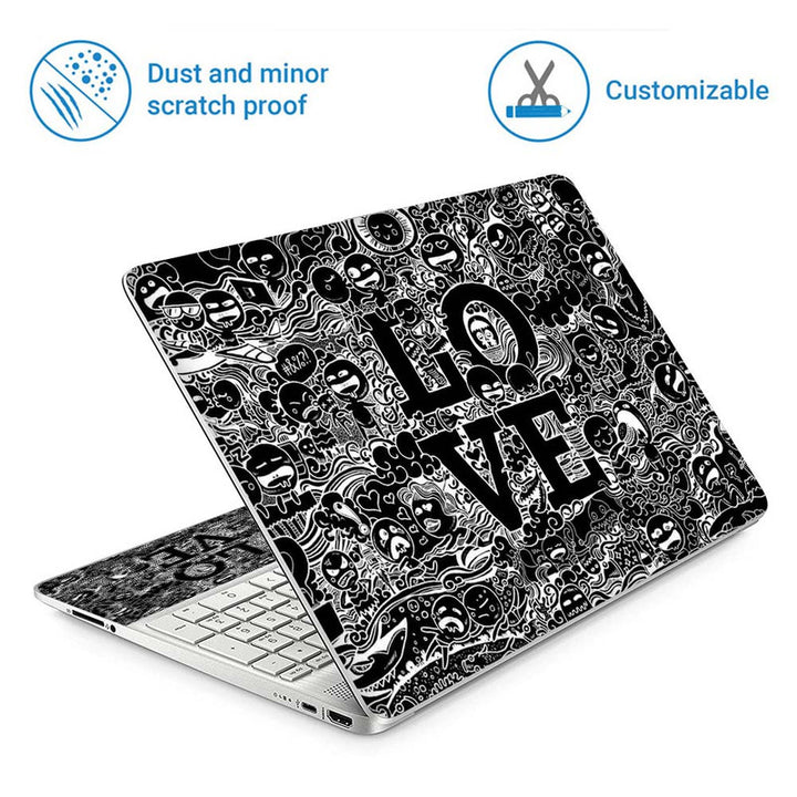 Full Panel Laptop Skin - Love Black Doodle