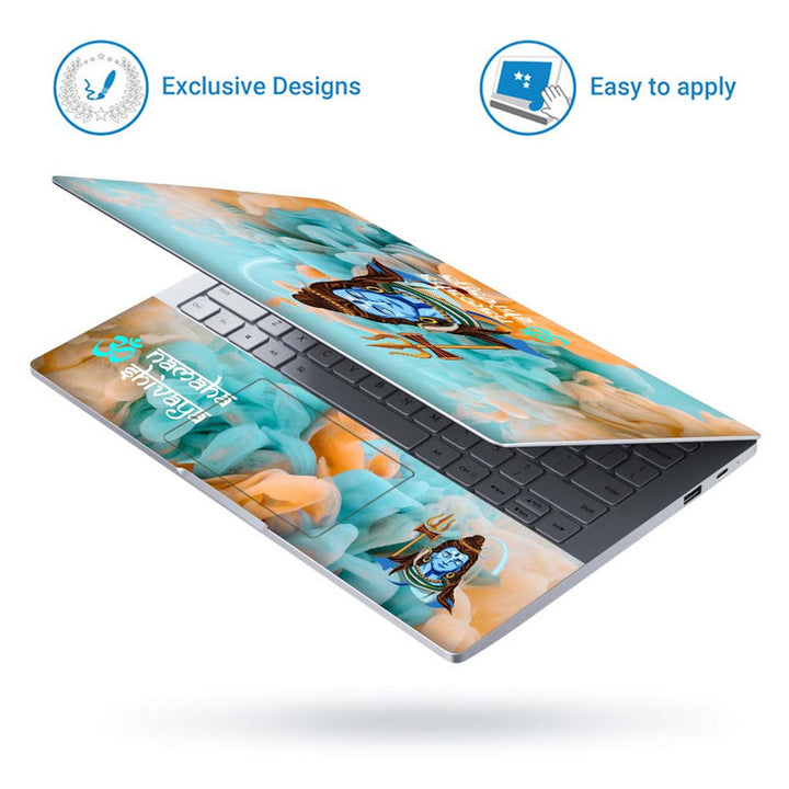 Full Panel Laptop Skin - Om Namah Shivay Multi Color on Blue Smoke