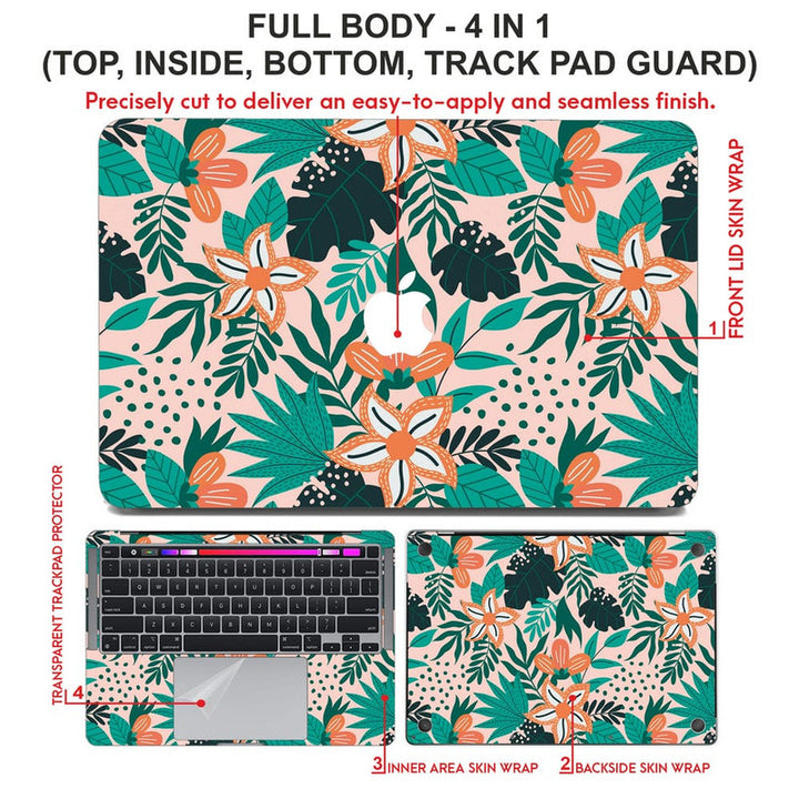 Laptop Skin for Apple MacBook - Orange Floral With Green Leaves - SkinsLegend