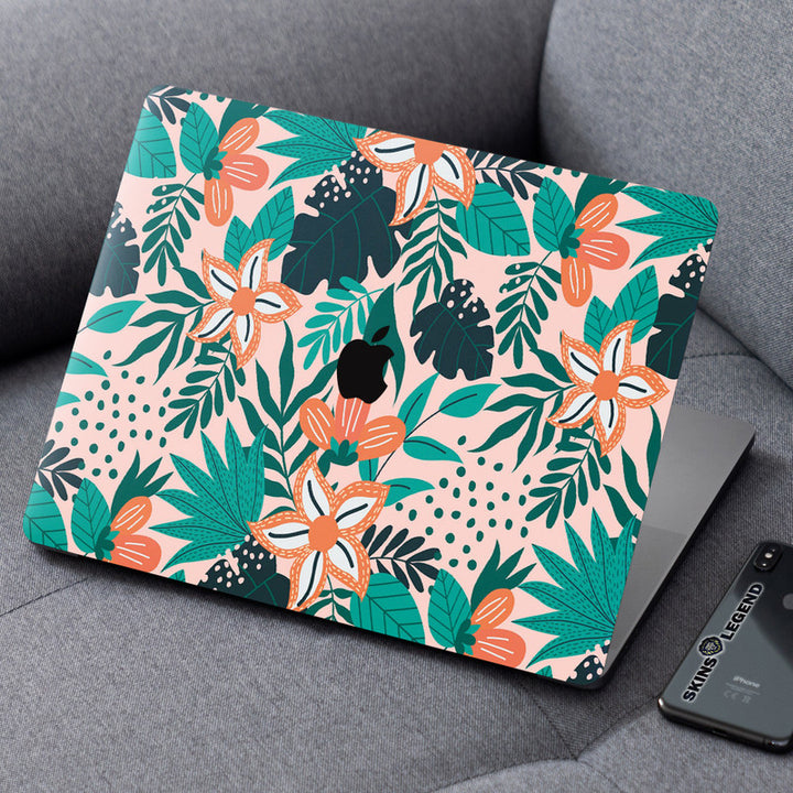 Laptop Skin for Apple MacBook - Orange Floral With Green Leaves - SkinsLegend