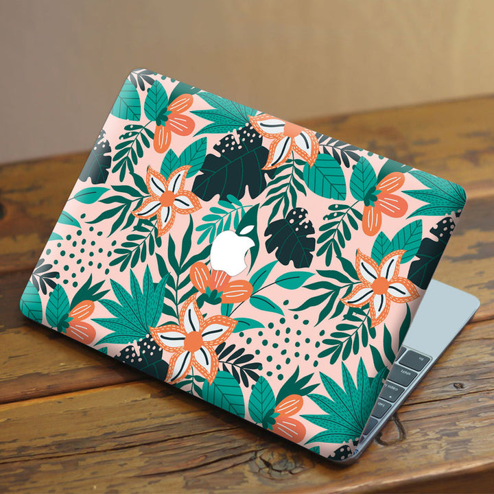 Laptop Skin for Apple MacBook - Orange Floral With Green Leaves - SkinsLegend