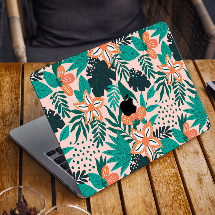 Laptop Skin for Apple MacBook - Orange Floral With Green Leaves - SkinsLegend