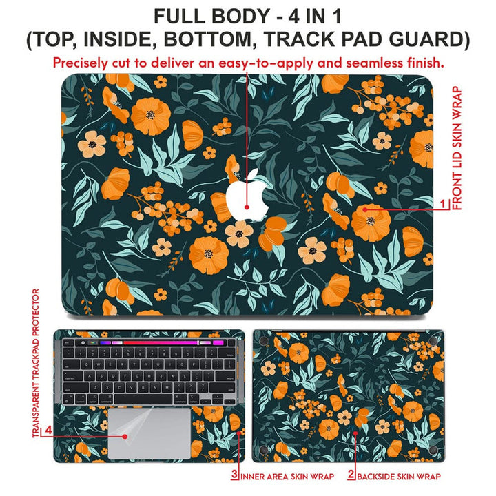 Laptop Skin for Apple MacBook - Orange Flowers with Green Leaves - SkinsLegend