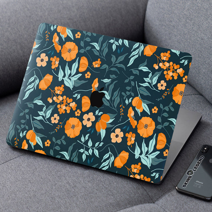 Laptop Skin for Apple MacBook - Orange Flowers with Green Leaves - SkinsLegend