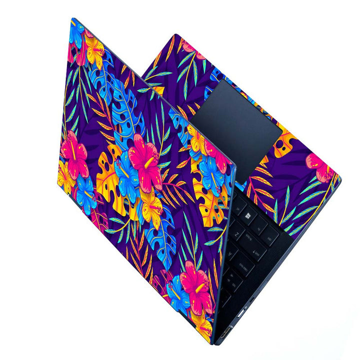 Full Panel Laptop Skin - Pink Cyan Floral and Leaves