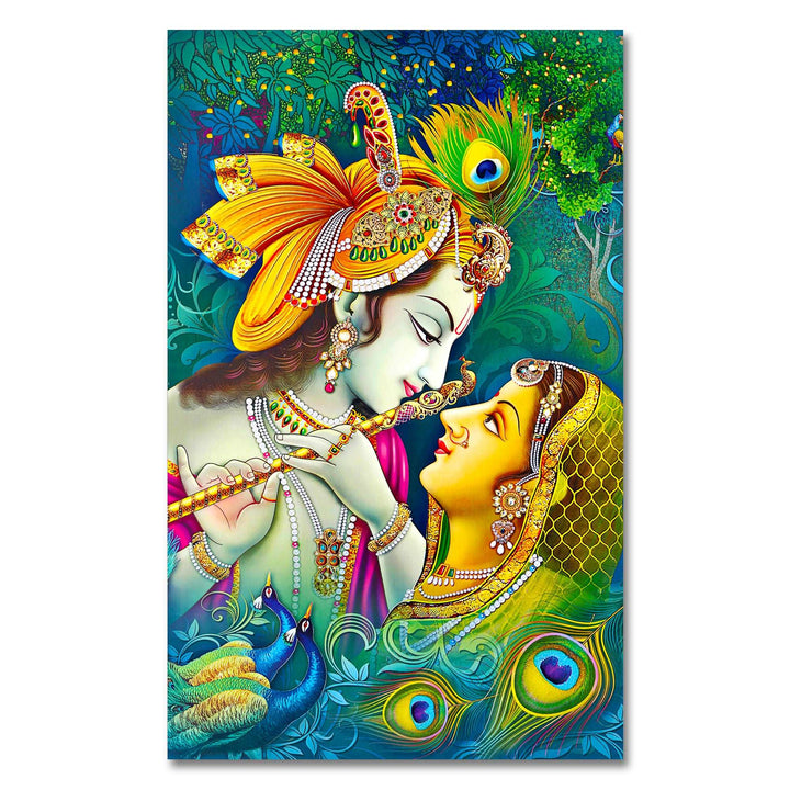 FineArts Rolled Canvas Painting - Radha Krishna Flute Peacock Feather