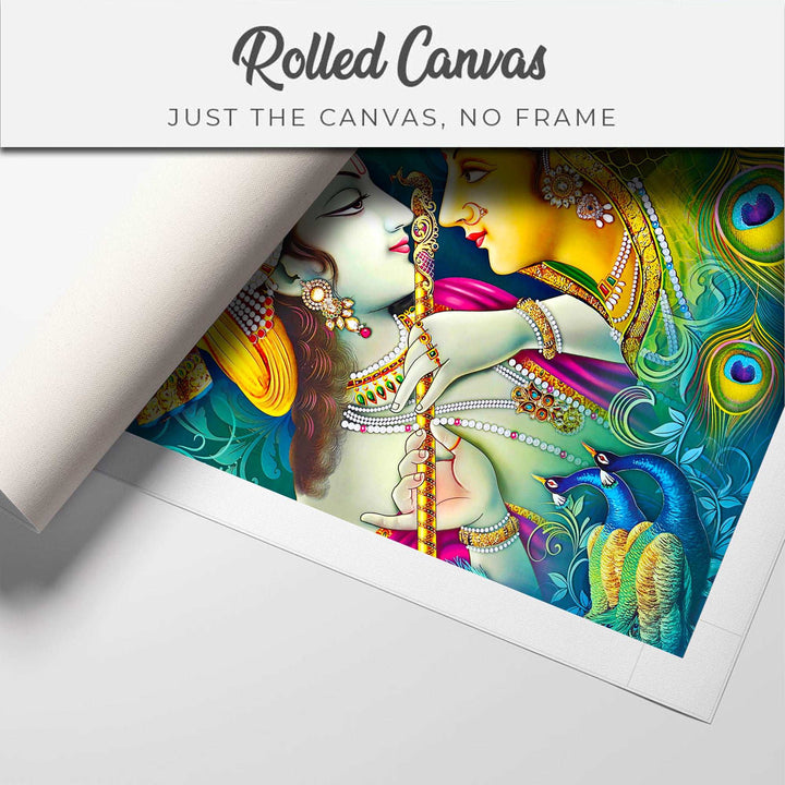 FineArts Rolled Canvas Painting - Radha Krishna Flute Peacock Feather