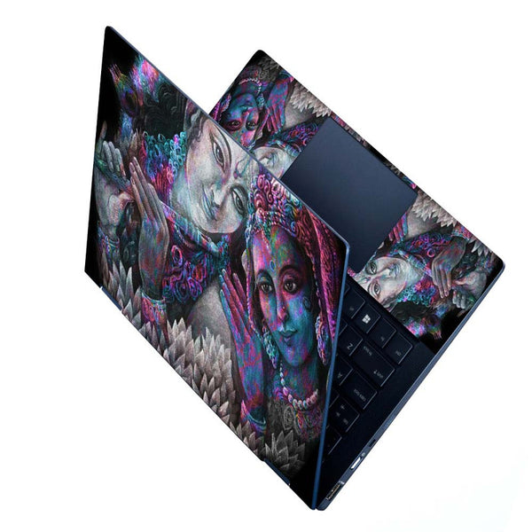 Full Panel Laptop Skin - Radha Krishna Cyan Magenta Neon