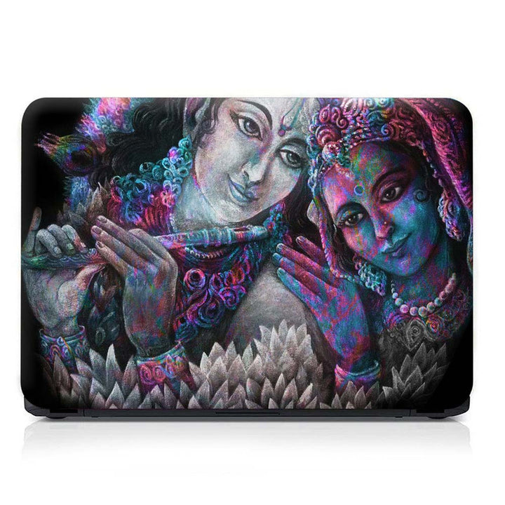 Full Panel Laptop Skin - Radha Krishna Cyan Magenta Neon