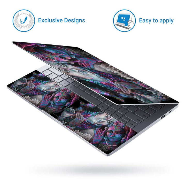 Full Panel Laptop Skin - Radha Krishna Cyan Magenta Neon