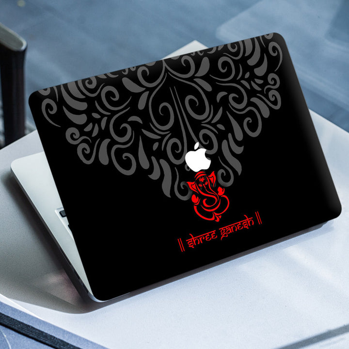 Laptop Skin for Apple MacBook - Red Shree Ganesh on Black Floral - SkinsLegend