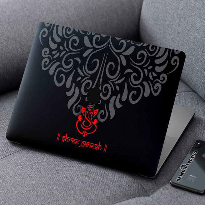 Laptop Skin for Apple MacBook - Red Shree Ganesh on Black Floral - SkinsLegend