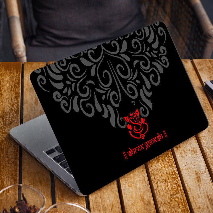 Laptop Skin for Apple MacBook - Red Shree Ganesh on Black Floral - SkinsLegend