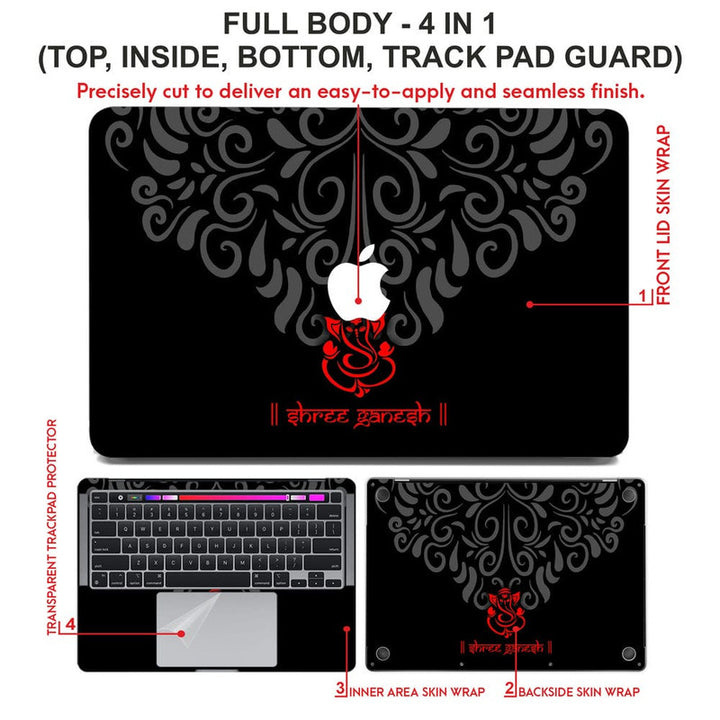 Laptop Skin for Apple MacBook - Red Shree Ganesh on Black Floral - SkinsLegend