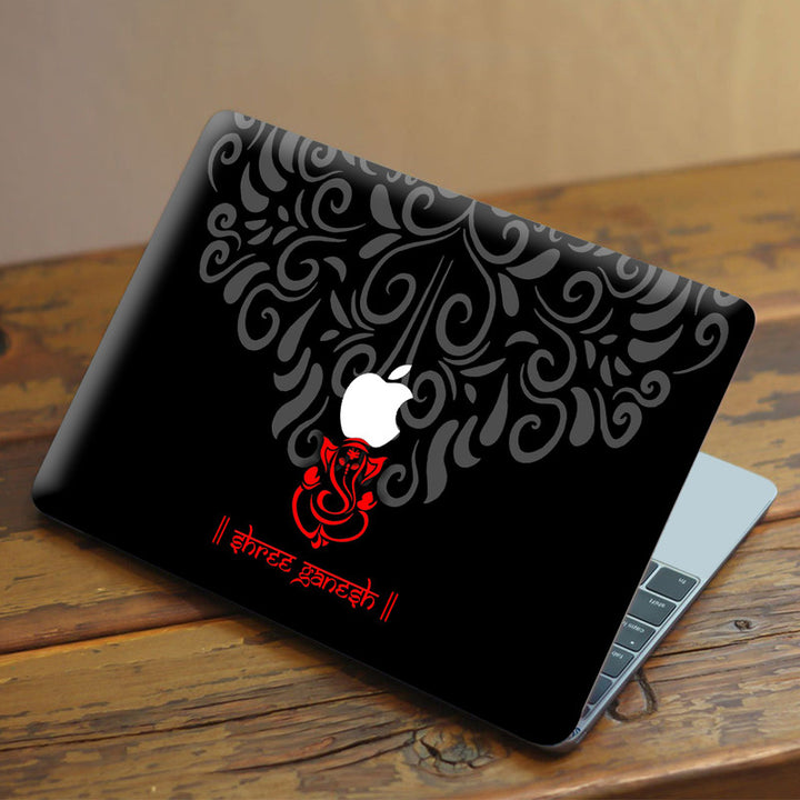 Laptop Skin for Apple MacBook - Red Shree Ganesh on Black Floral - SkinsLegend