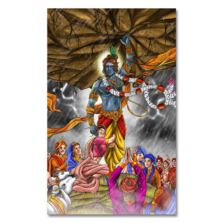 FineArts Rolled Canvas Painting - Shree Krishna Lifts Govardhan Parvat